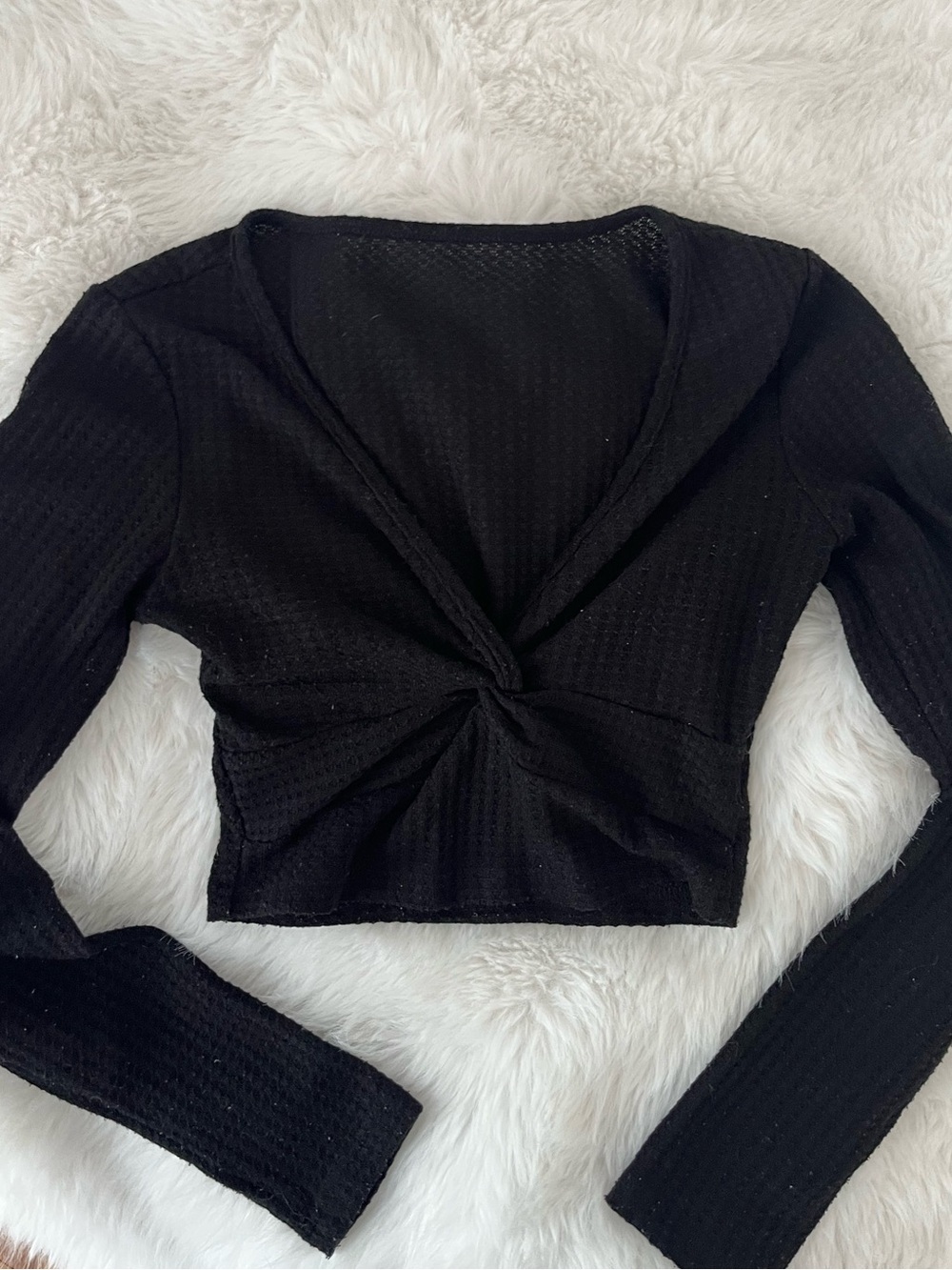 SHEIN Textured Black Twist-Front Long Sleeve Crop Top